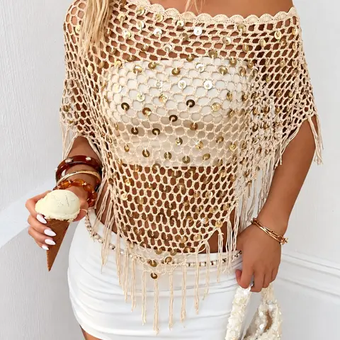 Women’s Sequin Crochet Fringe Poncho Top, Boho Hollow Out Mesh Tassel Beach Cover Up, Off Shoulder Bikini Coverup Shawl for Summer Vacation Holiday Party Festival, Swimwear Cover Up