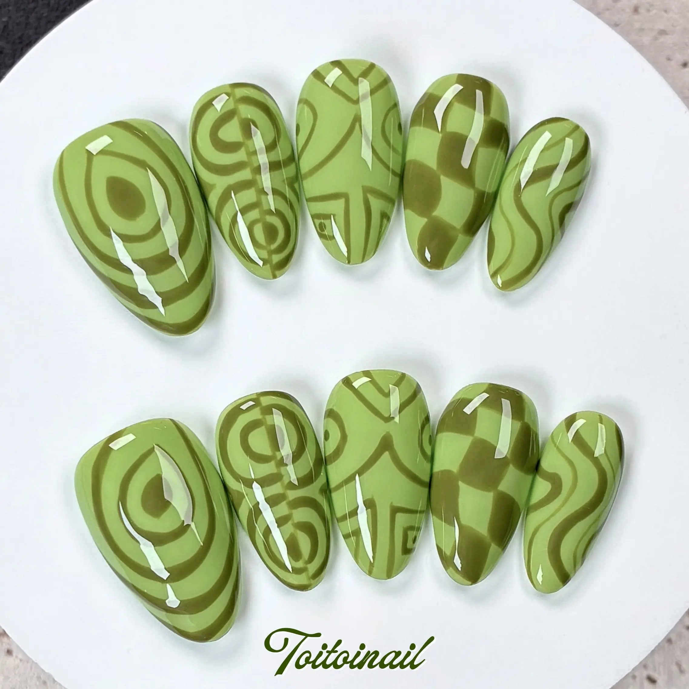 Green Swirl Press On Nails | Short Almond, 10pcs Handmade Glossy Press On Nails, Matcha & Olive Green Base, Abstract Swirl Wave Check Geometric Lines, Minimal Y2K Trendy Reusable Nail Tips