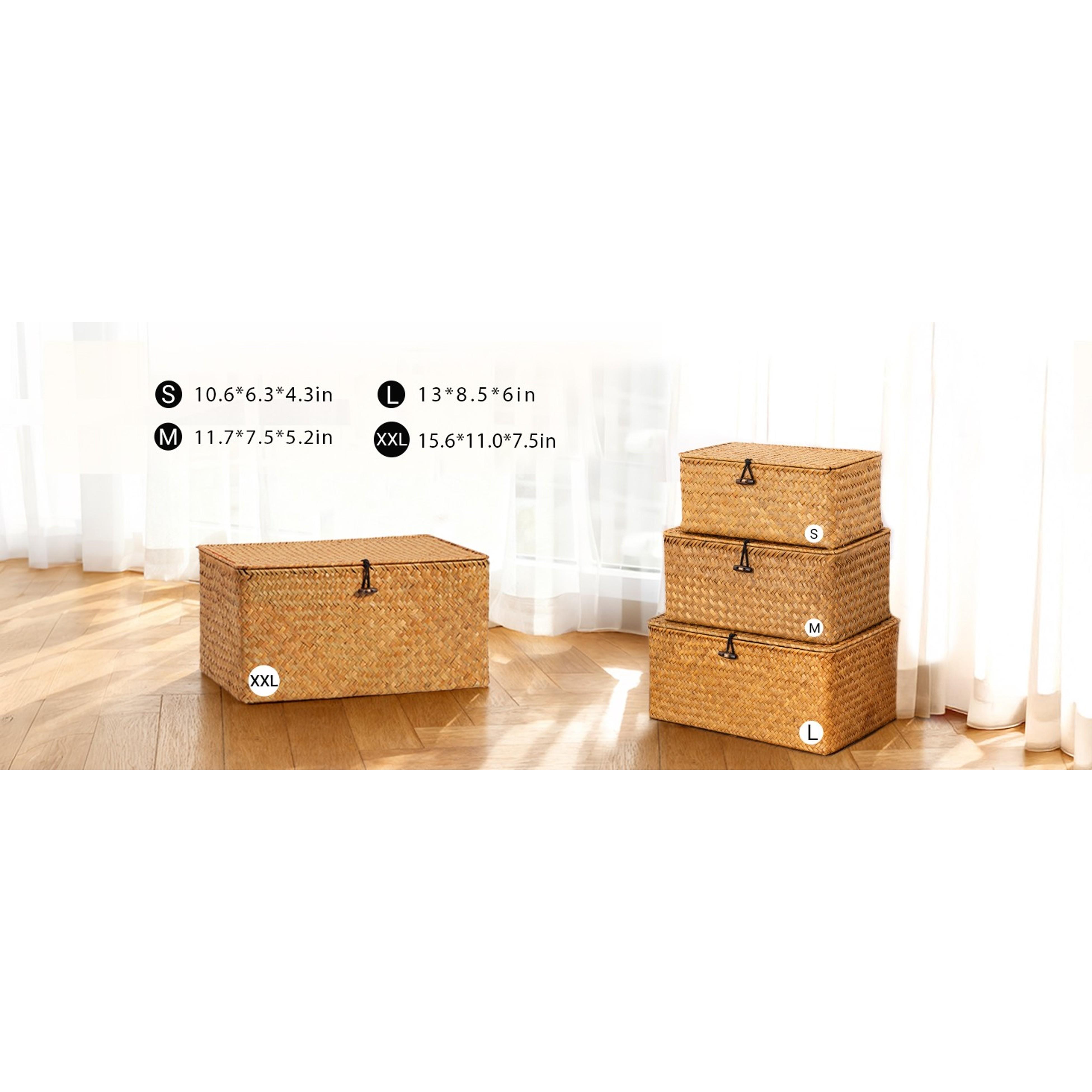 Natural Seagrass Storage Basket with Lid (Set of 3) - Rectangular Decorative Farmhouse Organiser, Multipurpose Home Storage Bin for Boho Decoration, Gift-Worthy Household Shelf Container