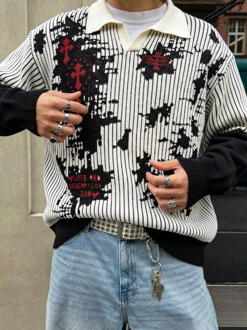 Men's Spring Autumn Winter New Fashion Colorblock Striped Gothic Style Mock Neck Pullover Sweater, Loose Fit Knit Two-Piece Top