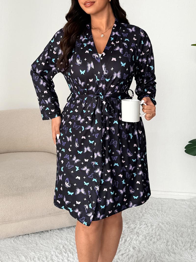 Plus Size Floral Butterfly Lace Dress & Long Sleeve Robe Set, Casual Fitted Home Wear, All Seasons Comfortable Sleepwear
