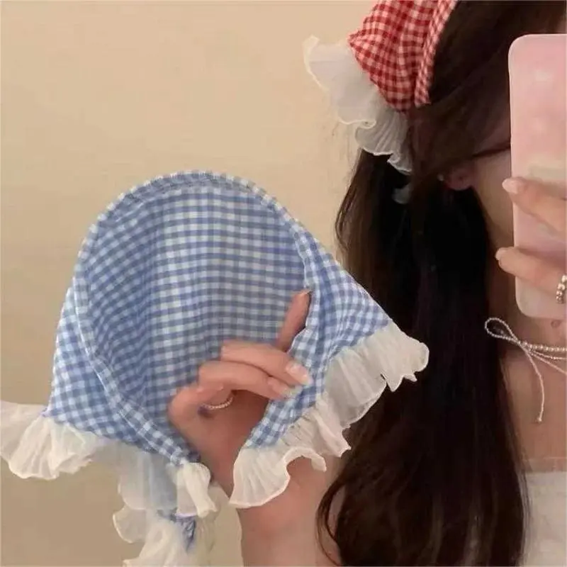 1 Checkered Bow Headband - Country-Style Lace, Grosgrain Elastic, French Retro Triangle Form, Sweet Cuteness Hair Accessory