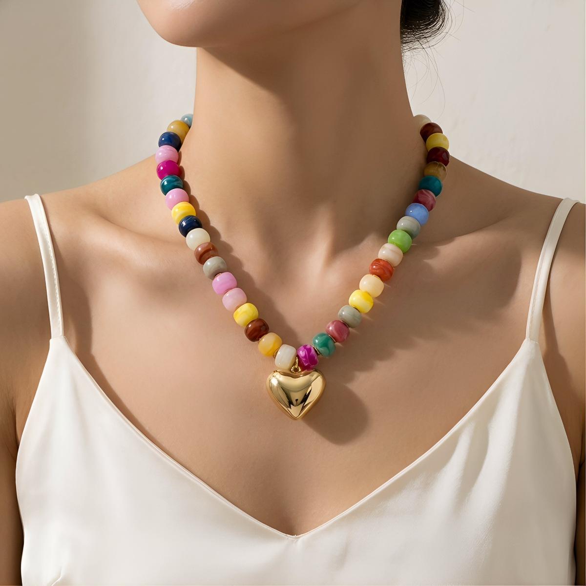 Women's Boho Natural Stone Beaded Choker Necklace - Gold-Plated Heart Pendant, Adjustable Bead Collar, Vintage Statement Jewelry for Daily, Party Use (5 Styles: Multicolor, Emerald Green, Teal, Cream, Lapis Lazuli)