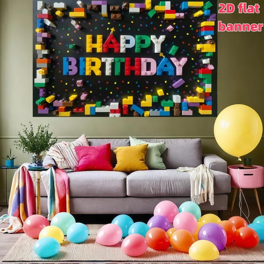 Colorful Building Blocks Birthday Banner -2D Flat Polyester Party Background Decoration with Balloon and Snowflake Design, Suitable for Living Room, Bedroom, Office, Birthday, Anniversary and Home Decoration, Outdoor and Indoor Parties