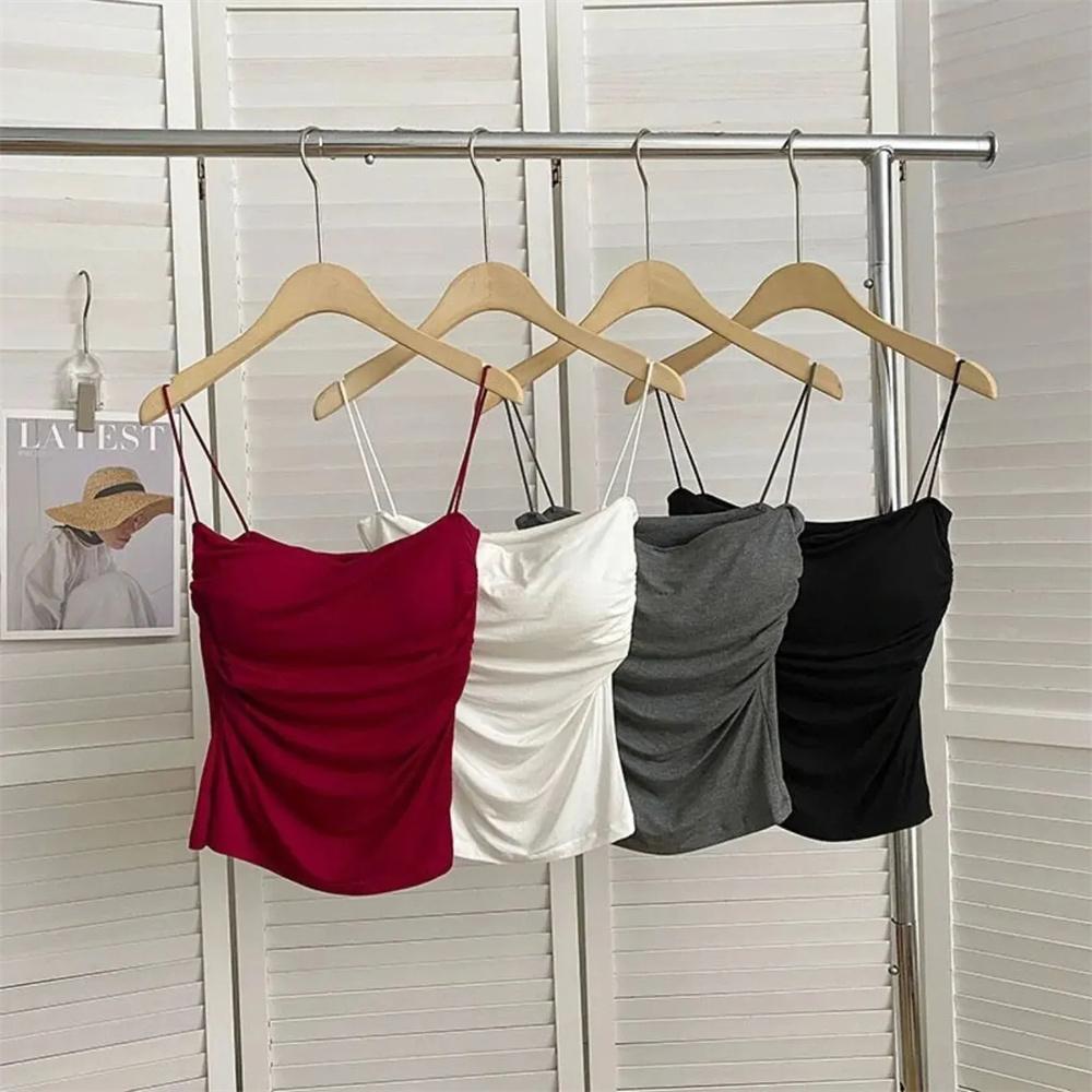 Women's Sexy Corset Crop Top - Thin Strap Ease, Bold Crop Top Look, Short Length, Pleated Detail, Solid Color, Built-In Bra, Soft Support, Sleeveless, Body-Hugging Sun Protective Sports & Outdoor Vest