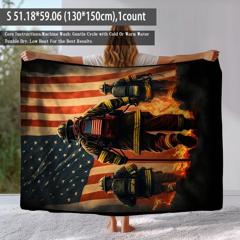 Firefighter & American Flag Pattern Blanket, 1 Count Soft Air-conditioned Room Throw, Warm Nap Blanket for Home Office Travel Camping, Figure Print Blanket