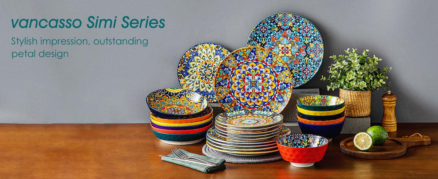 vancasso 12/16/18/24 Pieces Dinnerware Sets, Plates and Bowls Set, Porcelain Dishes Set for 4/6, Microwave and Dishwasher Safe, Scratch Resistant, Bohemian Style Dining Ware Service for 6, Series SIMI