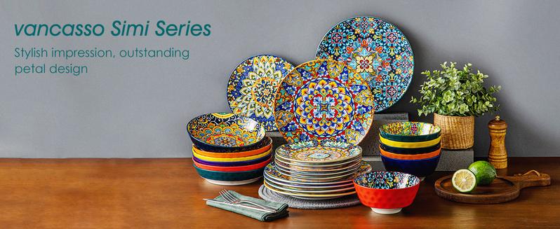 vancasso 12/16/18/24 Pieces Dinnerware Sets, Plates and Bowls Set, Porcelain Dishes Set for 4/6, Microwave and Dishwasher Safe, Scratch Resistant, Bohemian Style Dining Ware Service for 6, Series SIMI