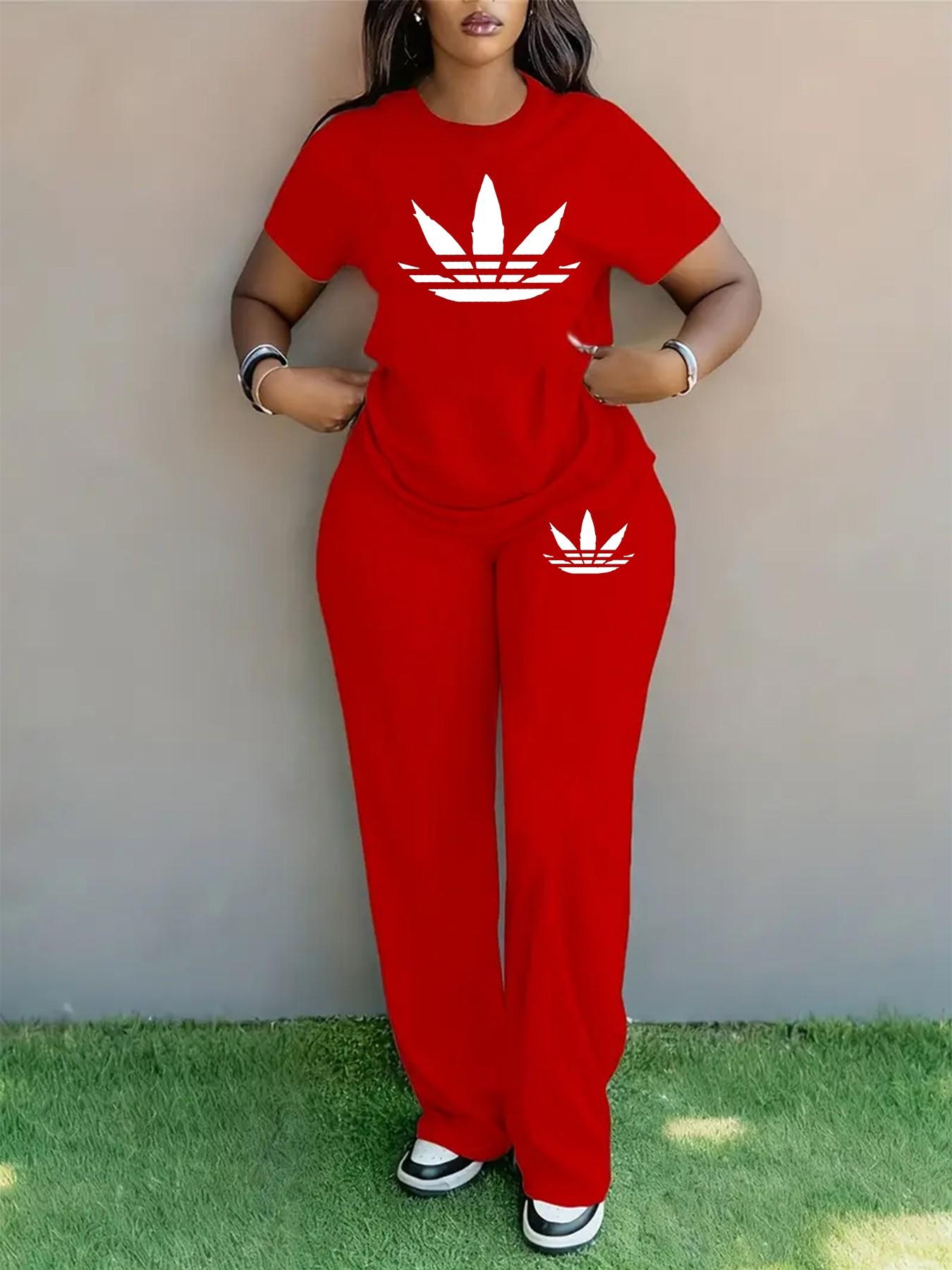 Women's Plus Size Spring Summer Fashion Print Round Neck Short Sleeve T-Shirt & Wide Leg Pants Two-Piece Set, Casual Pocket Design Women's Plus Size Spring Summer Fashion Print Round Neck Short Sleeve T-Shirt & Wide Leg Pants Two-Piece Set, Casual Pocket Design