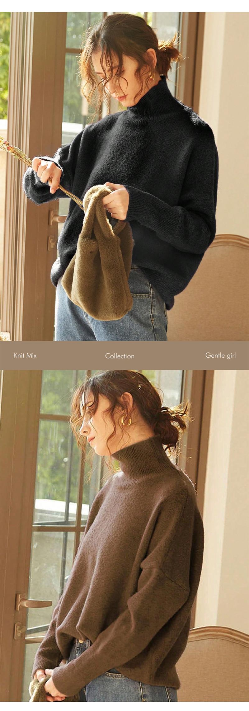 Autumn Winter Women's Sweater, High Neck Loose Casual French Style Knitwear, Elegant Simple Solid Color Pullover, Long Sleeve Knit Top Autumn Winter Women's Sweater, High Neck Loose Casual French Style Knitwear, Elegant Simple Solid Color Pullover, Long Sleeve Knit Top