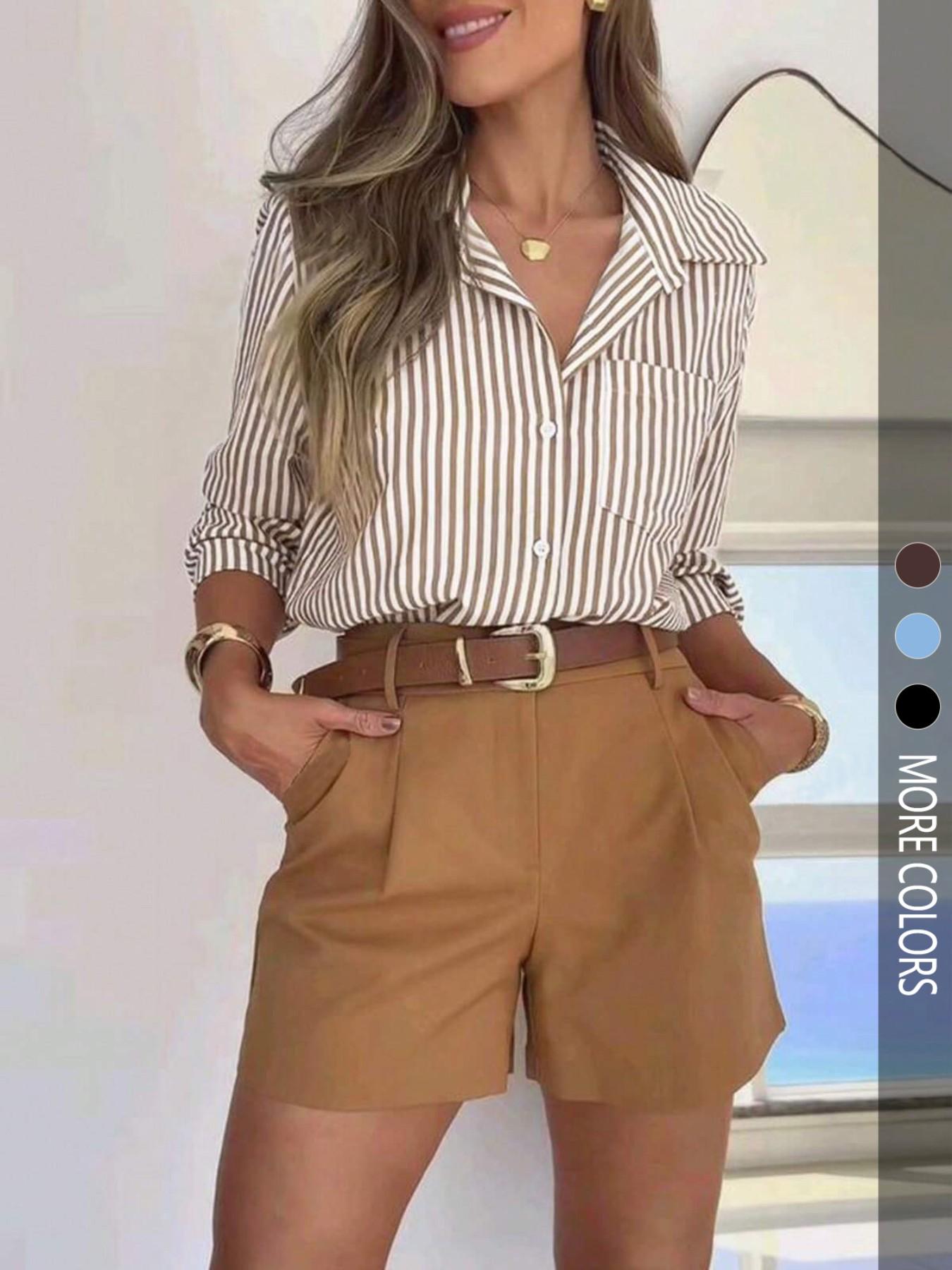 Women's Fashion Striped Long Sleeve Fitted Casual Shirt, All Seasons Wear, Daily Stylish Clothing, Comfortable and Versatile