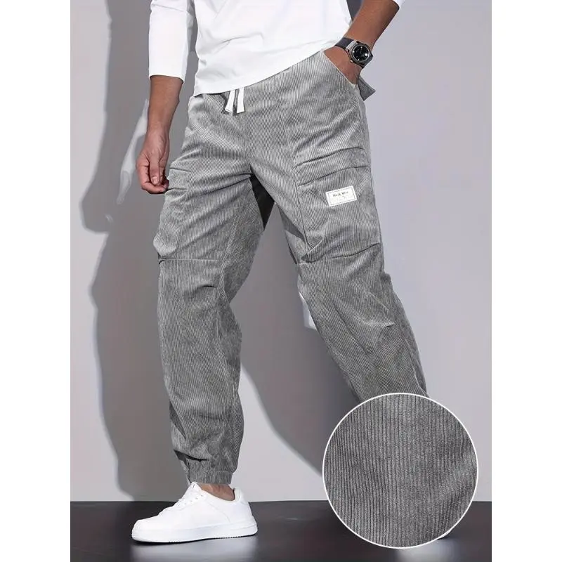 Men's Stylish Solid Corduroy Cargo Joggers With Pockets, Causal Breathable Drawstring - Corduroy - For Men - Suitable for Casual Wear, City Walks, Street Hanging, Outdoor Activities - Perfect Gift for Fashionable Men