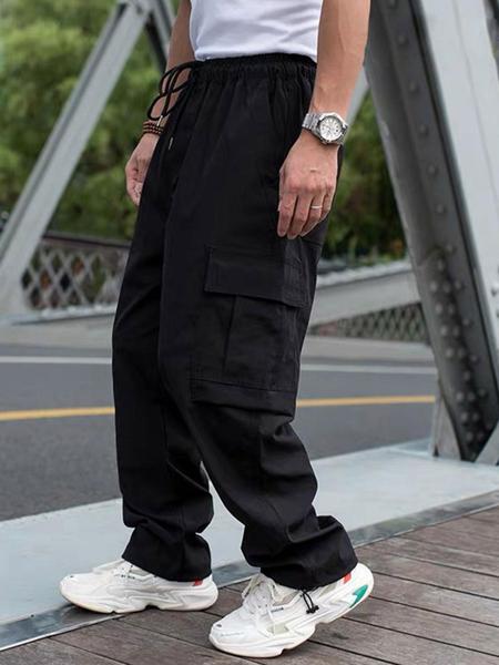 Men's Solid Color Flap Pocket Casual Slant Pocket Drawstring Waist Cargo Pants, Regular Fit Casual Street Straight Leg Trousers for Daily Wear, Men's Bottoms for All Seasons