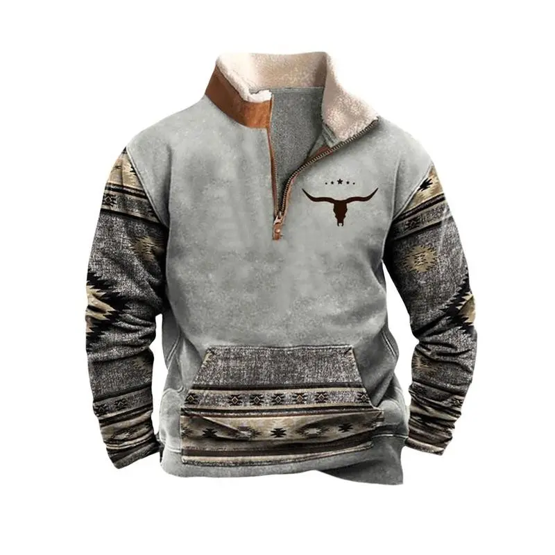 Western Fleece Jacket Aztec Sweatshirt Vintage Hoodie Cowboy Bull Head Print Brown Pullover Menswear Outfit Cotton Fashion
