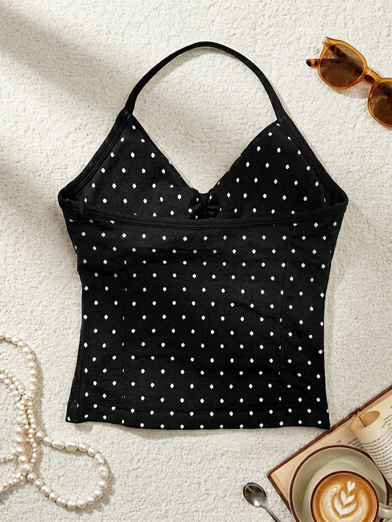 Fashionable Sports Set for Fitness Enthusiasts, Polka Dot Print Halter Top and Shorts, Summer Gym Yoga Running