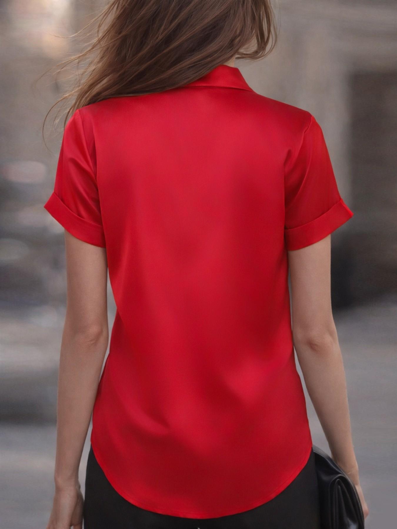 Classic short-sleeved satin shirt with a ribbon detail at the neckline, Fitted Elegant solid color, perfect for spring and summer wear. A stylish women's Smooth Blouse