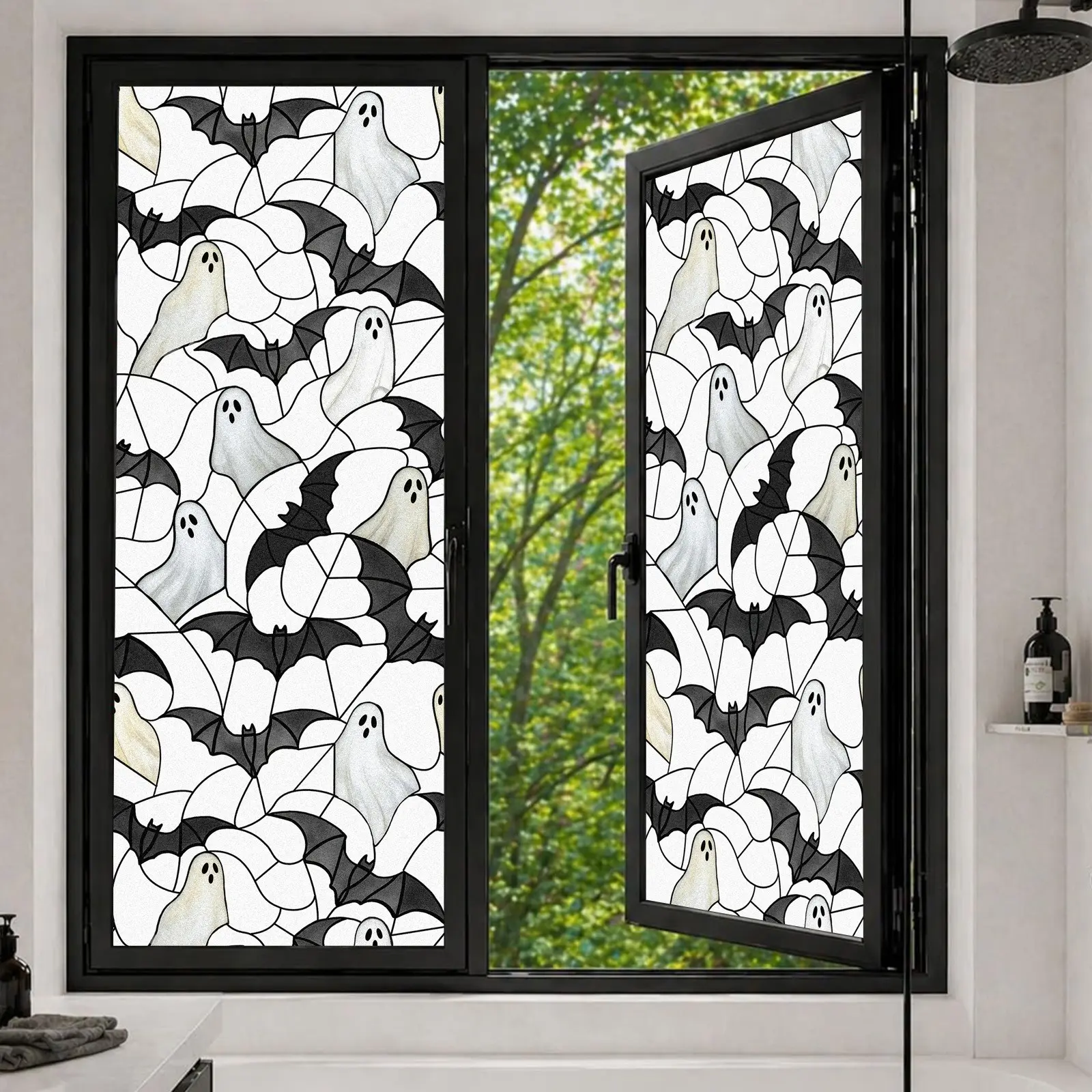 Halloween Window Film Roll, Ghost Pattern Static Adhesive Window Sticker, Window Decoration Film, Privacy Protection Film for Windows, Fall Window Clings for Glass Windows