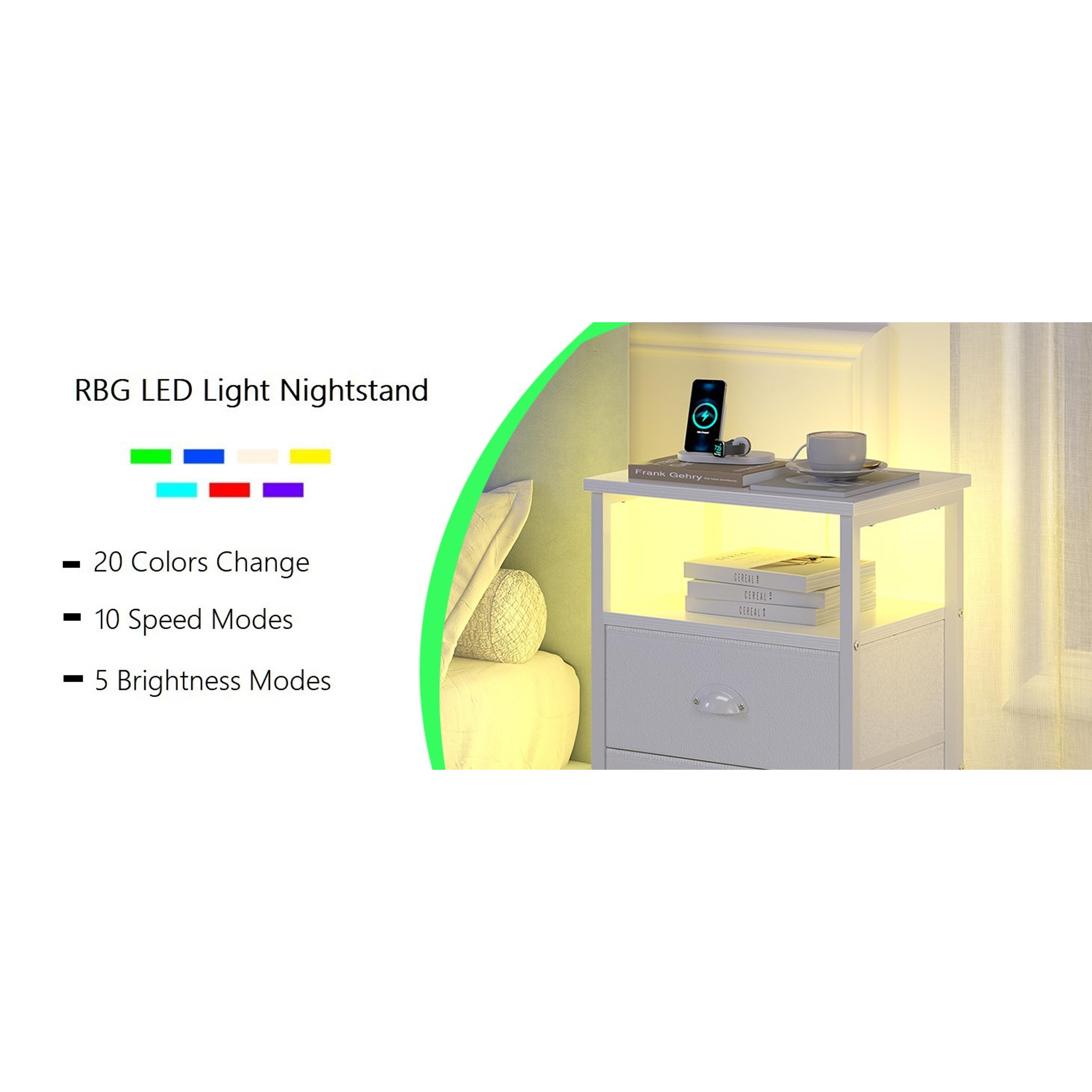Nightstand with Charging Station,LED White Nightstand with 3 Fabric Drawers PU Finish, Bedside End Tables, 2-Tier Open Storage Shelf Side Table Nightstand with Drawers for Bedroom,White Nightstand with Charging Station,LED White Nightstand with 3 Fabric Drawers PU Finish, Bedside End Tables, 2-Tier Open Storage Shelf Side Table Nightstand with Drawers for Bedroom,White