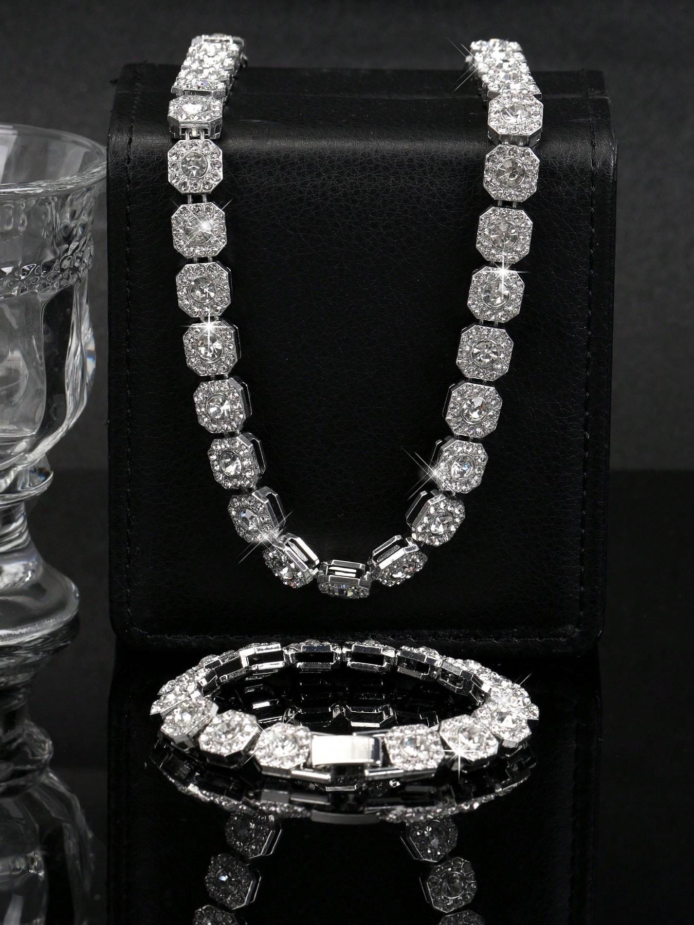 Men's and Women's Rhinestone Cuban Chain Necklace Set, Full Diamond Square Design, Street Party Jewelry, Unique Gift Idea