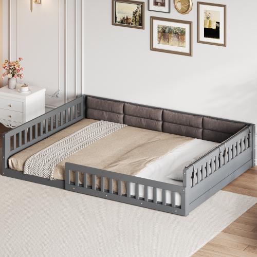 【Bellemave】Wood Full Size Upholstered Platform Bed with Guardrail and Pillow, Beige