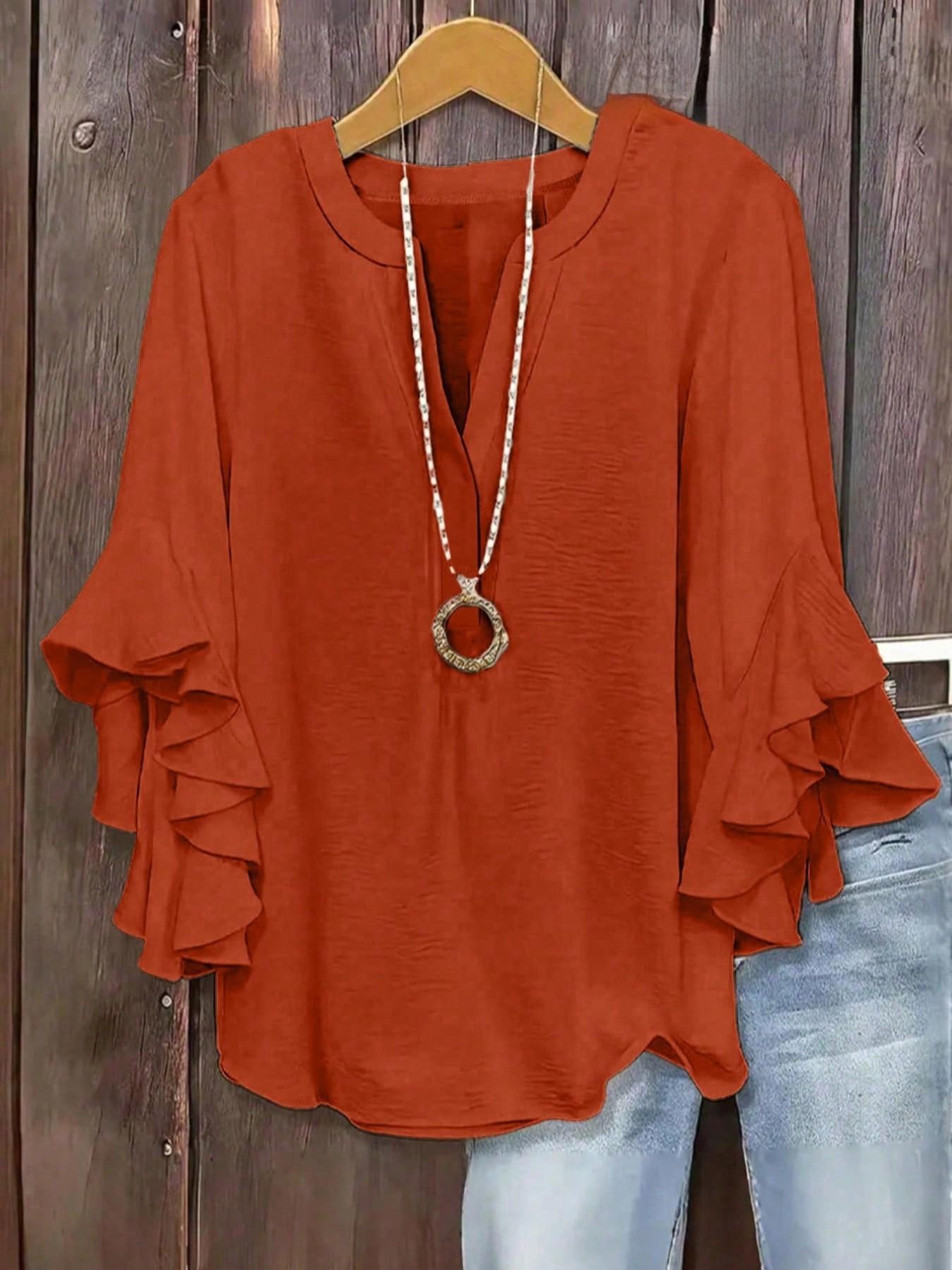 Plus Size Women's Ruffled Sleeve V-Neck Shirt Blouse, Elegant Floral Design, Comfortable and Stylish, Perfect for Casual Wear Plus Size Women's Ruffled Sleeve V-Neck Shirt Blouse, Elegant Floral Design, Comfortable and Stylish, Perfect for Casual Wear