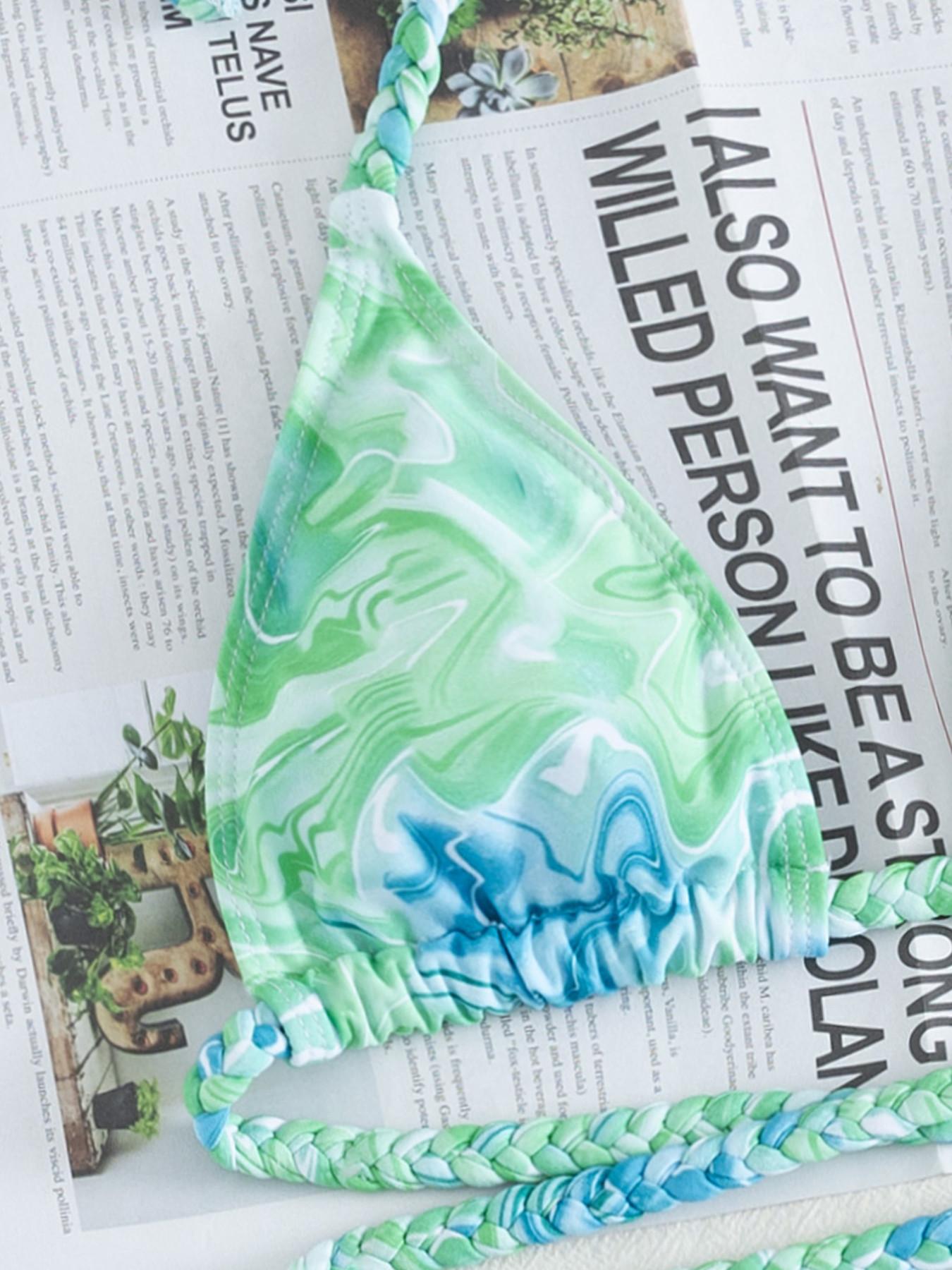 2026 New Ocean Marble Print Halter Bikini, Braided Strap Tie Waist Two Piece Swimsuit, High Cut Summer Beach Vacation Swimwear