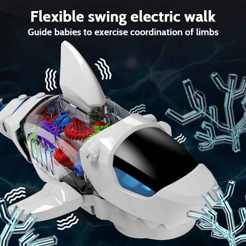 Product Introduction of Electric Gear Shark Simulation Light Music Swing Universal Mechanical Shark Sea Animal Electric Toy 2