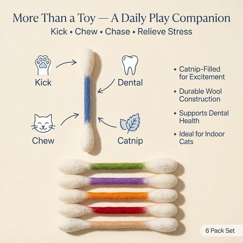 Cotton swab cat toys (6-pack), durable large size, kitten chewable teeth cleaning rope, giant interactive felt cat kicking toy stick, relieves boredom, provides exercise and play, relieves anxiety, aids digestion, and is the perfect gift for cat lovers.