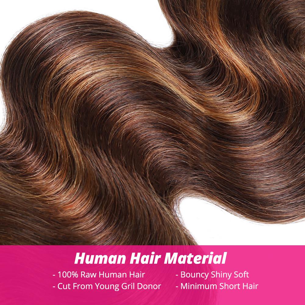 Ishow Brown Highlight Body Wave Bundles Brazilian Ombre Brown Bundles Human Hair Sew in Colored Quick Weave Bundles Human Hair with 4x4 Closure