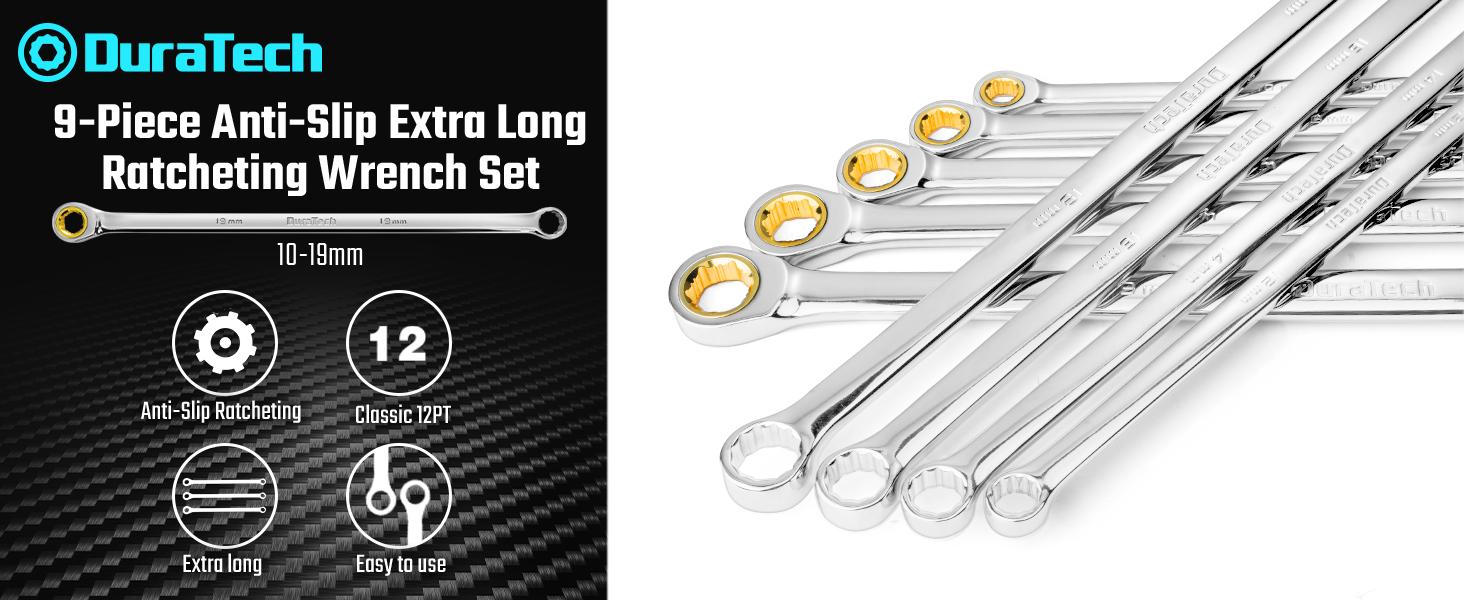 #JumpstartSale DURATECH Extra Long Anti-Slip Ratcheting Wrench Set, Double Box End Wrench Set, 9-Count, Metric, 10, 12, 13, 14, 15, 16, 17, 18, 19mm, CR-V Steel, with Rolling Pouch