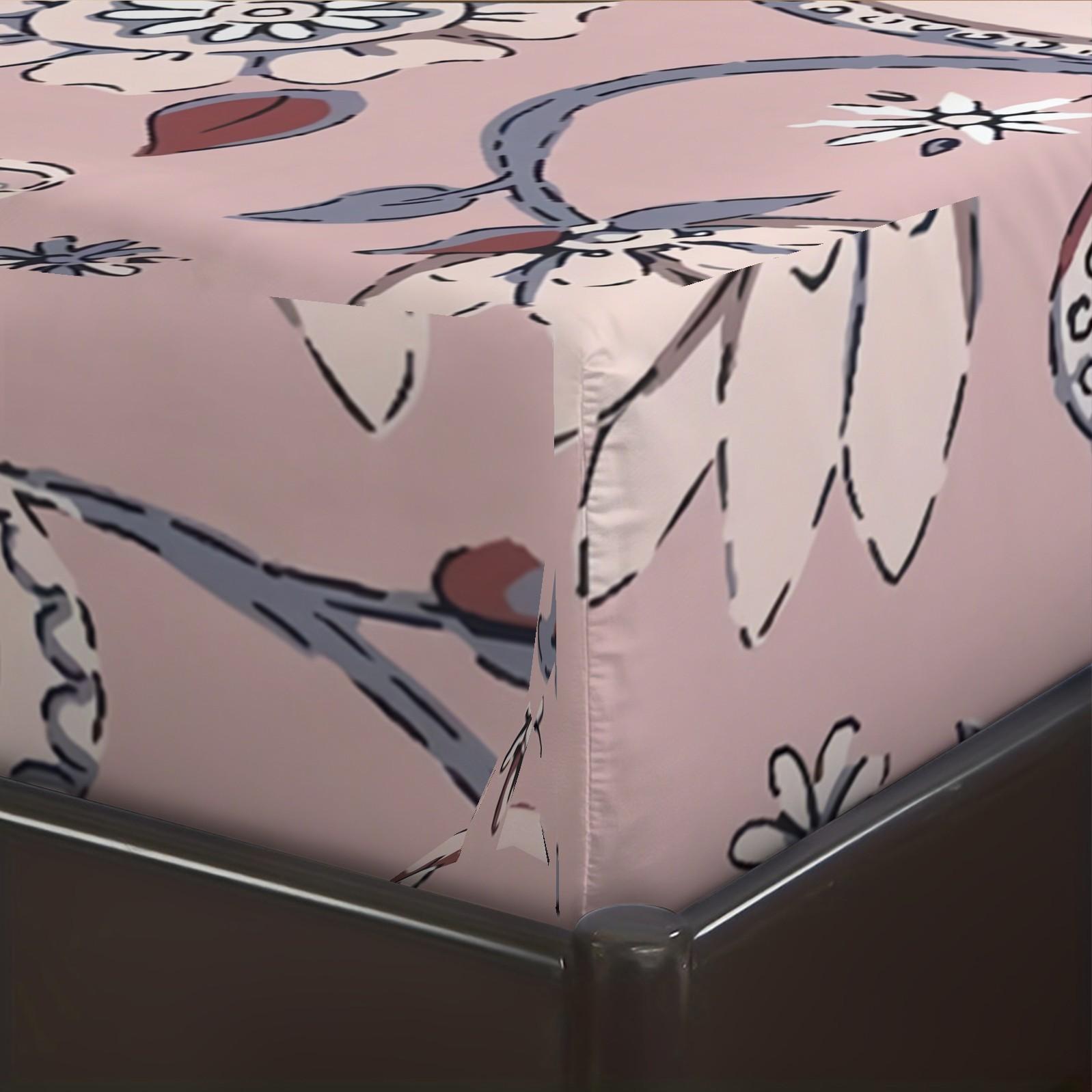 Ethnic Couple Bear Fitted Sheet Set, 3 Pieces (1 Fitted Sheet + 2 Pillowcases), Soft Skin-Friendly, Pink Paisley Floral Bedding, Deep Pocket, Cute Bear Print for Girls Teens Bedroom, All Seasons