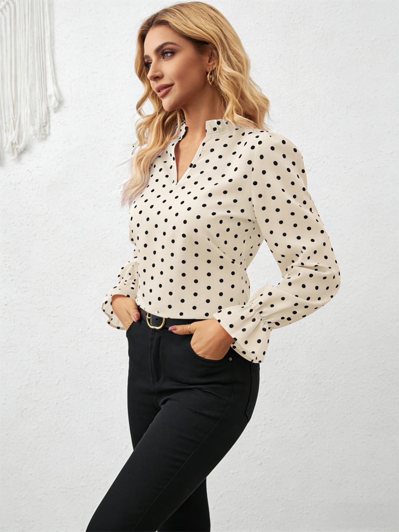 A women's fashion new style top featuring a stand collar with a small V-neck design, ruffled trim, and red polka dot pattern, with a stand colbell sleeves; suitable for retro commuter style, date night looks, and various other outfits.