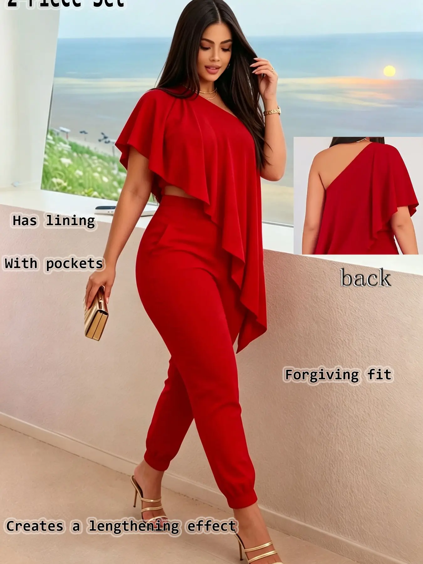 Two-Piece Asymmetrical Ruffle Top and Elastic Waist Pants Set, Fashionable Side Pockets, Fit, Perfect for Office, Dates, Parties, Holidays