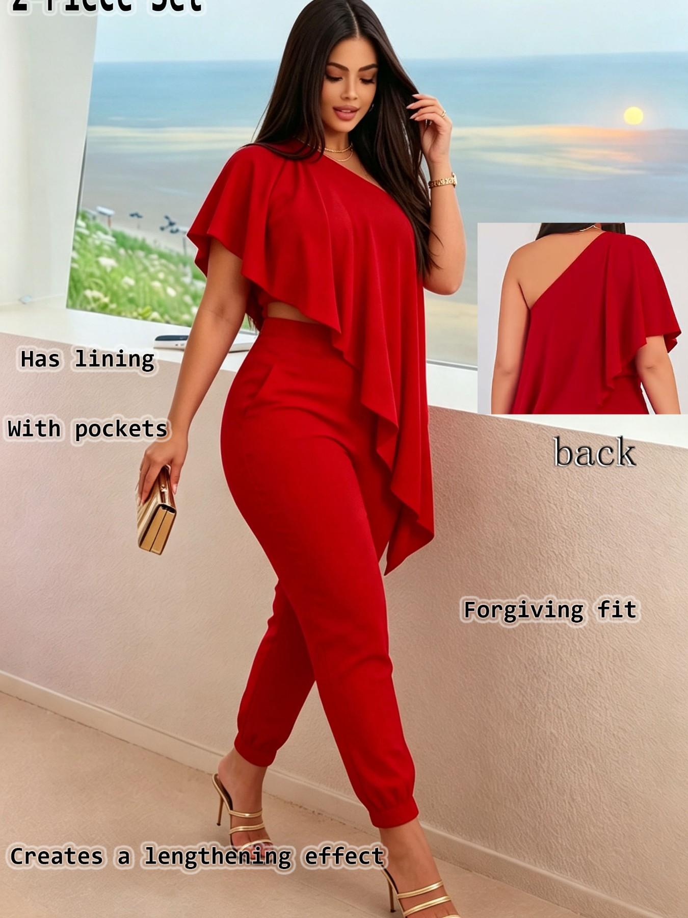 Two-Piece Asymmetrical Ruffle Top and Elastic Waist Pants Set, Fashionable Side Pockets, Fit, Perfect for Office, Dates, Parties, Holidays