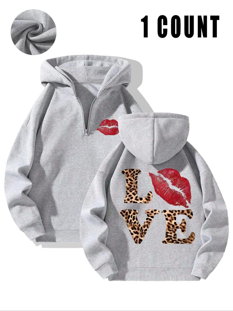 🔥Unisex Half-Zip "LOVE" Leopard & Red Lip Print Hoodie - Light Gray Style, Casual Streetwear Trendy Wear. #LovePrintHoodie #LeopardLipDesign #UnisexFashion #Streetwear Grab This Stylish Piece for Chic Vibe