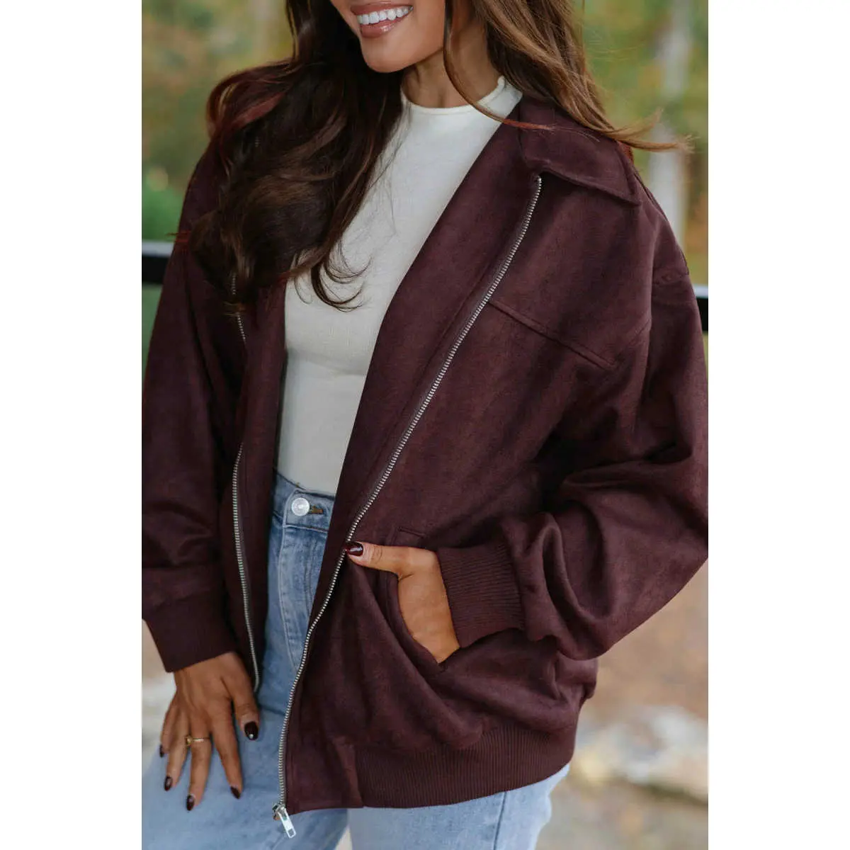 BF Women's Chicory Coffee Ribbed Zip-Front Casual Jacket - Solid Soft Collared Long-Sleeve Top with Metal Placket, Ribbed Hem, Polished Layer, Simple Zip-Up Outerwear, Ribbed Zip-Front Women's Casual Jackets, Simple Women's Casual Jackets
