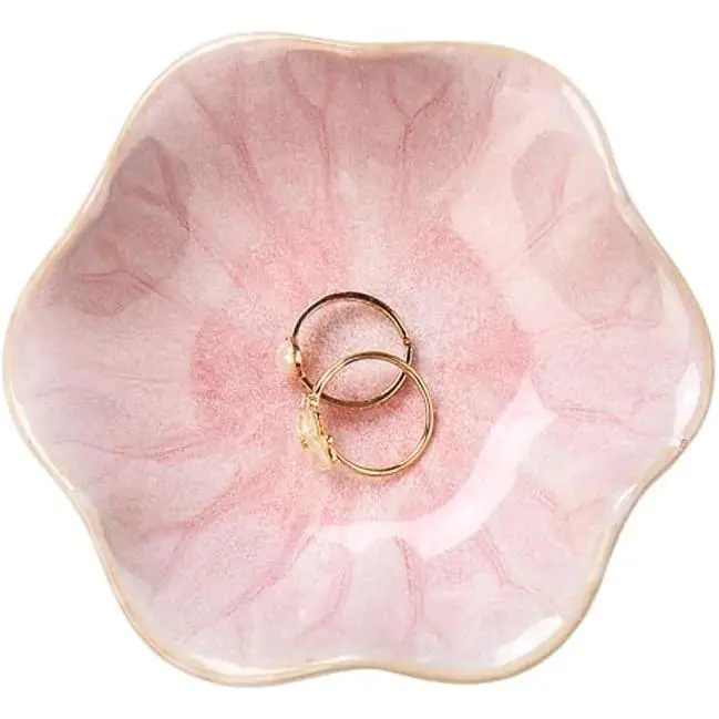 Ceramic Lotus Leaf Ring Tray, Small Key Bowl, Jewelry Dish Organizer for Necklaces and Earrings, Home Decor for Mom, Friend, Sister, Pink