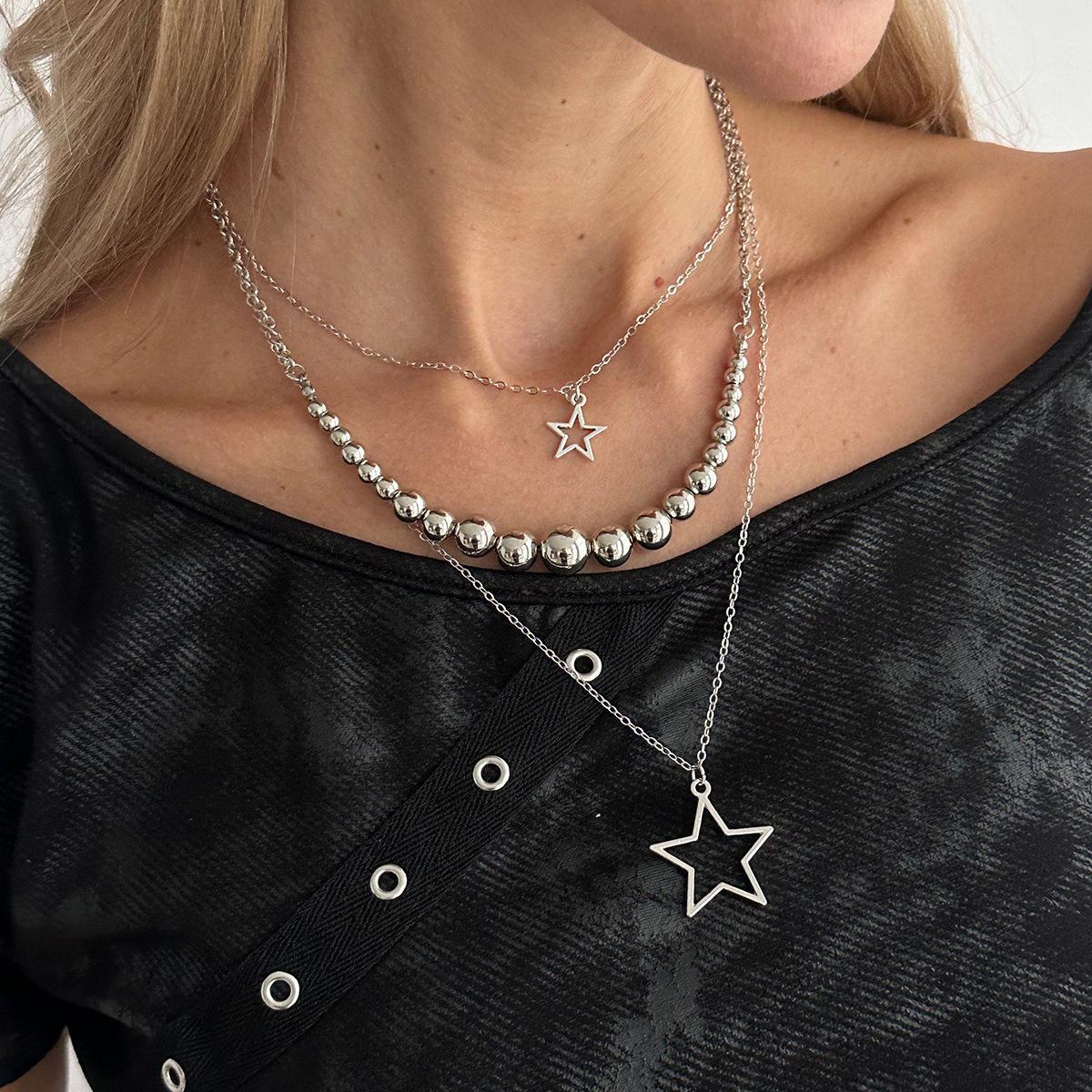 Multi-piece Hip Hop Star Pendant Necklace Set - Edgy Spicy Girl Style with Round Ball Metal Bead Chains, Fashion Chain Decorated Streetwear Jewelry for Nightclubs, Casual Daily Wear, Beaded Chains, Metal Beads