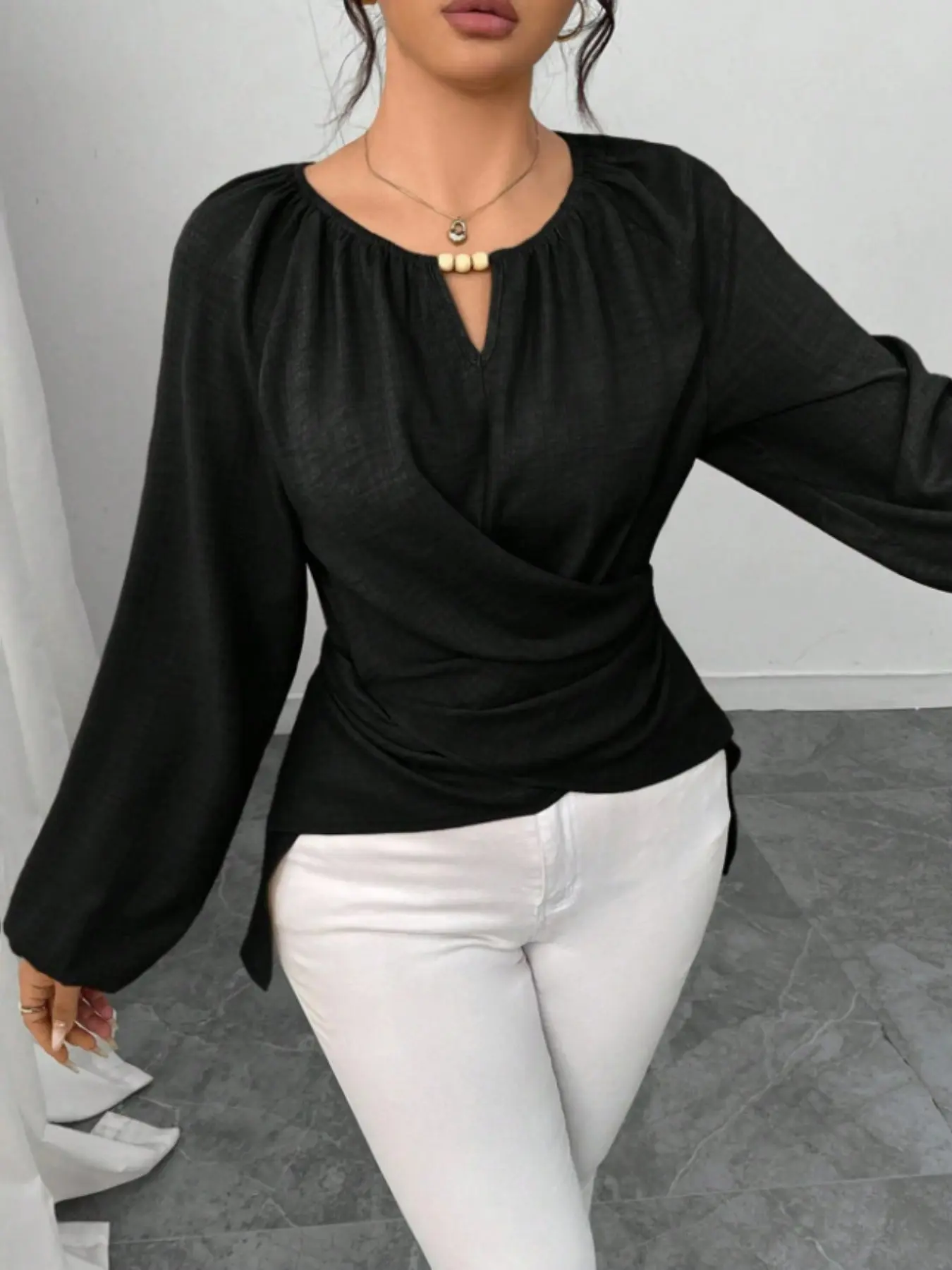 2026 Fall New Women Long Sleeve Wrap Blouse, Gathered Neck Beaded Detail, Ruched Waist Slim Fit, Casual Elegant Shirt Top