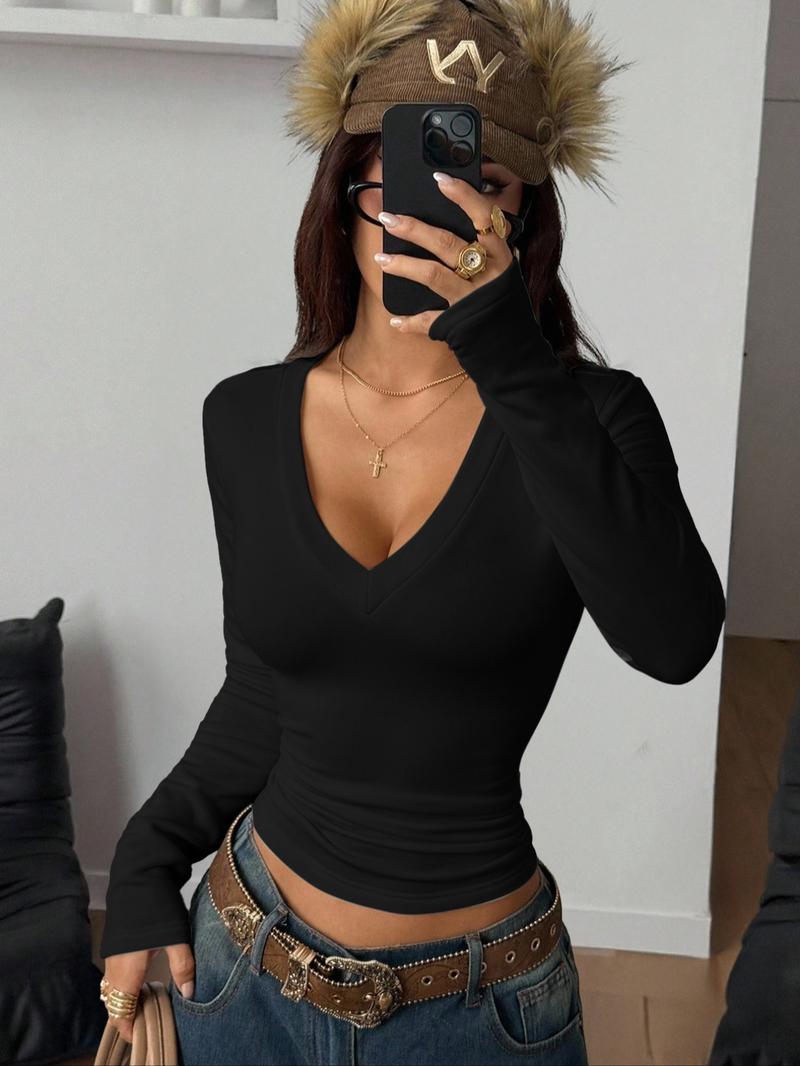 Women's 3-Piece Fall Winter Solid Color V-Neck Waist Cinching Long Sleeve T-Shirt Set, Inner Wear & Outerwear