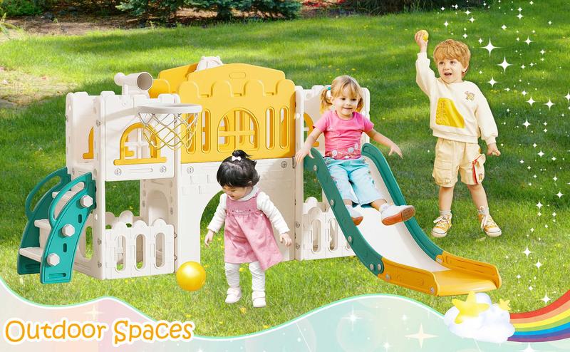 SUNNYGLADE 7 in 1   Multifunction  Toddler Slide, Kids Climber Slide with Storage Space and Non-Slip Steps, Toddler Playset with Basketball Hoopa and Telescope,   Colorful  Indoor Outdoor Playground for Toddler