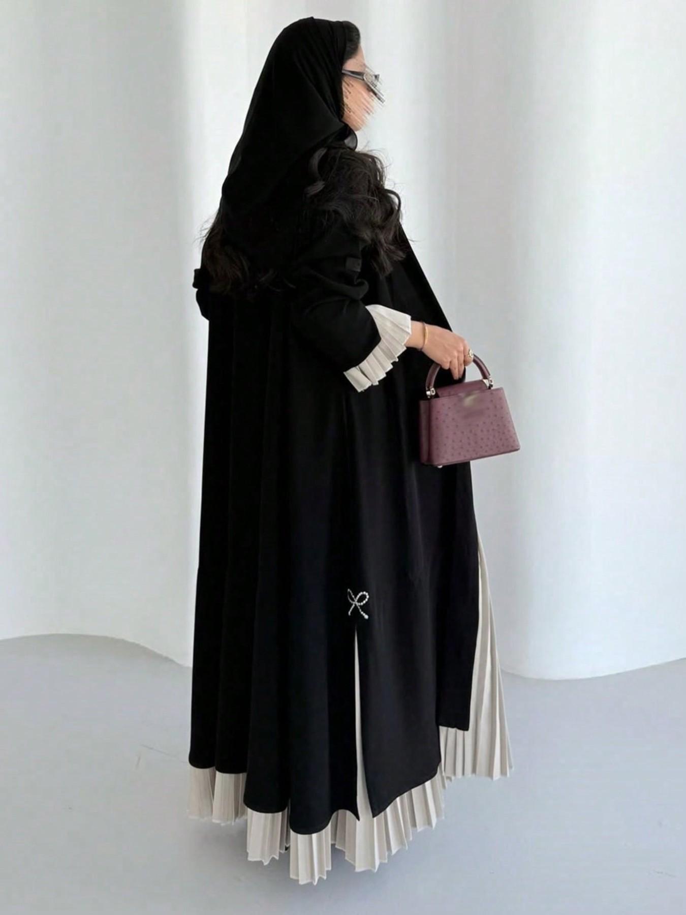 Commute Party Pleated Patchwork Abaya, Pearl Bow Loose Fit Long Outer Robe, Muslim Luxury Women's Clothing, All Seasons