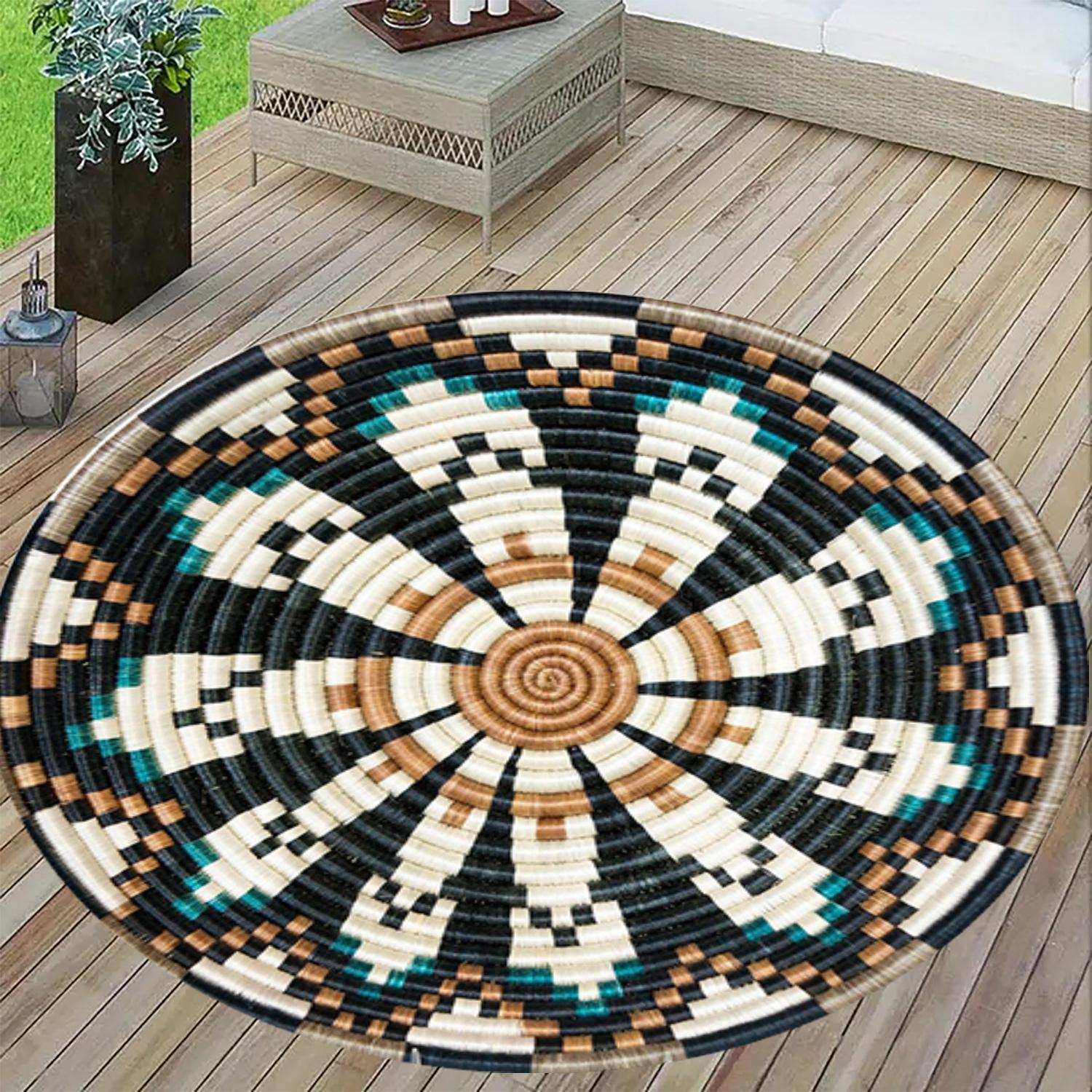 1piece of fashionable woven rope printed 2D plan circular pattern floor mat, suitable for bedroom bedside decoration, living room home decoration, balcony decoration, hotel decoration, entrance, kitchen, bathroom and other places, available in all seasons