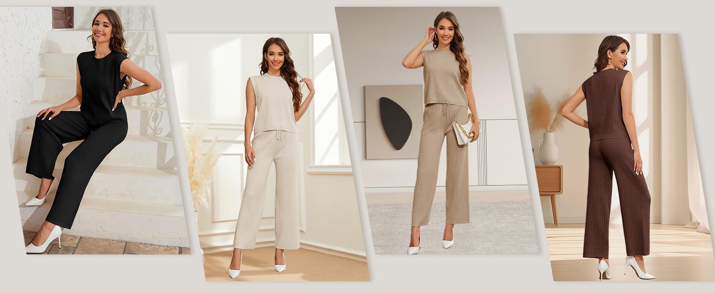 UANEO Women's 2 Piece Outfits Sweater Sets Knit Pullover Tops Sleeveless Vest Wide Leg Pants Lounge Sets Tracksuit Lady Comfort Minimalist #TikTokShopBacktoSchool