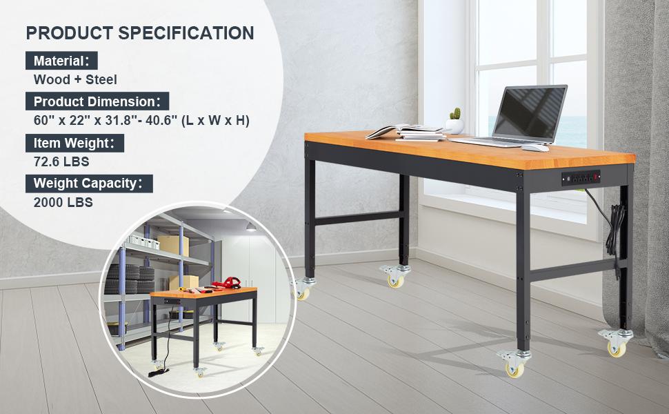 Height Adjustable Workbench with Wheels 60" 2000 Lbs Capacity Solid Wood Work Station Heavy-Duty Rolling Work Tables for Garage Party Shop Office