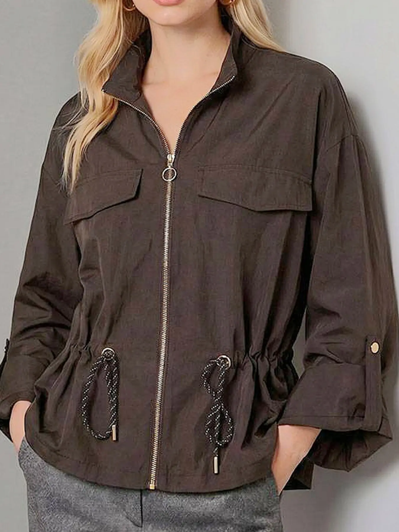 Women's Waist-Cropped Stand Collar Work Casual Jacket, Urban Lightweight Outdoor Style, Windproof, Metal Ring Zip, Adjustable Sleeves, Breathable Fabric
