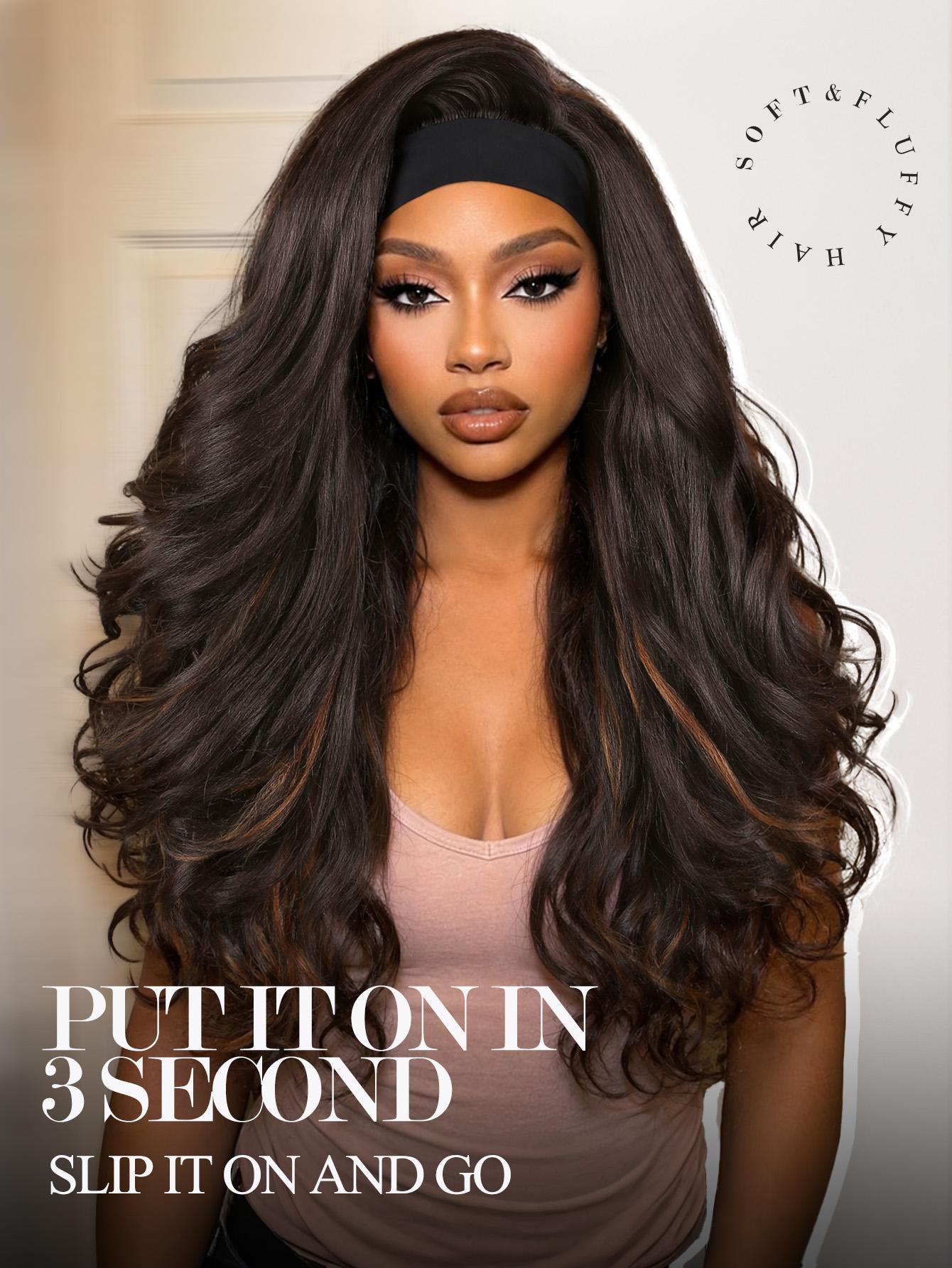 Yaki Body Wave Headband Wig for Women, Synthetic Fiber Wigs Curly Wavy 26 Inch Long Kinky Straight, Glueless Lightweight, Heat Resistant, Daily Use