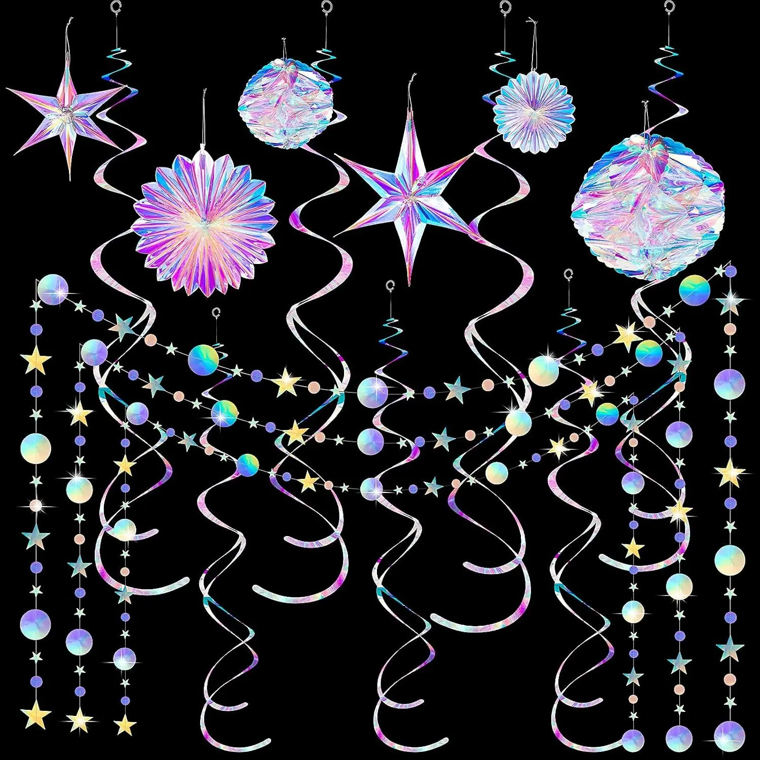 29 Pieces Iridescent Holographic Party Supplies Kit with Hanging Honeycomb Balls, Paper Fans, Snowflake Garlands, White Star Swirl Decorations for Birthday, Wedding, Party, Home DecorationGift