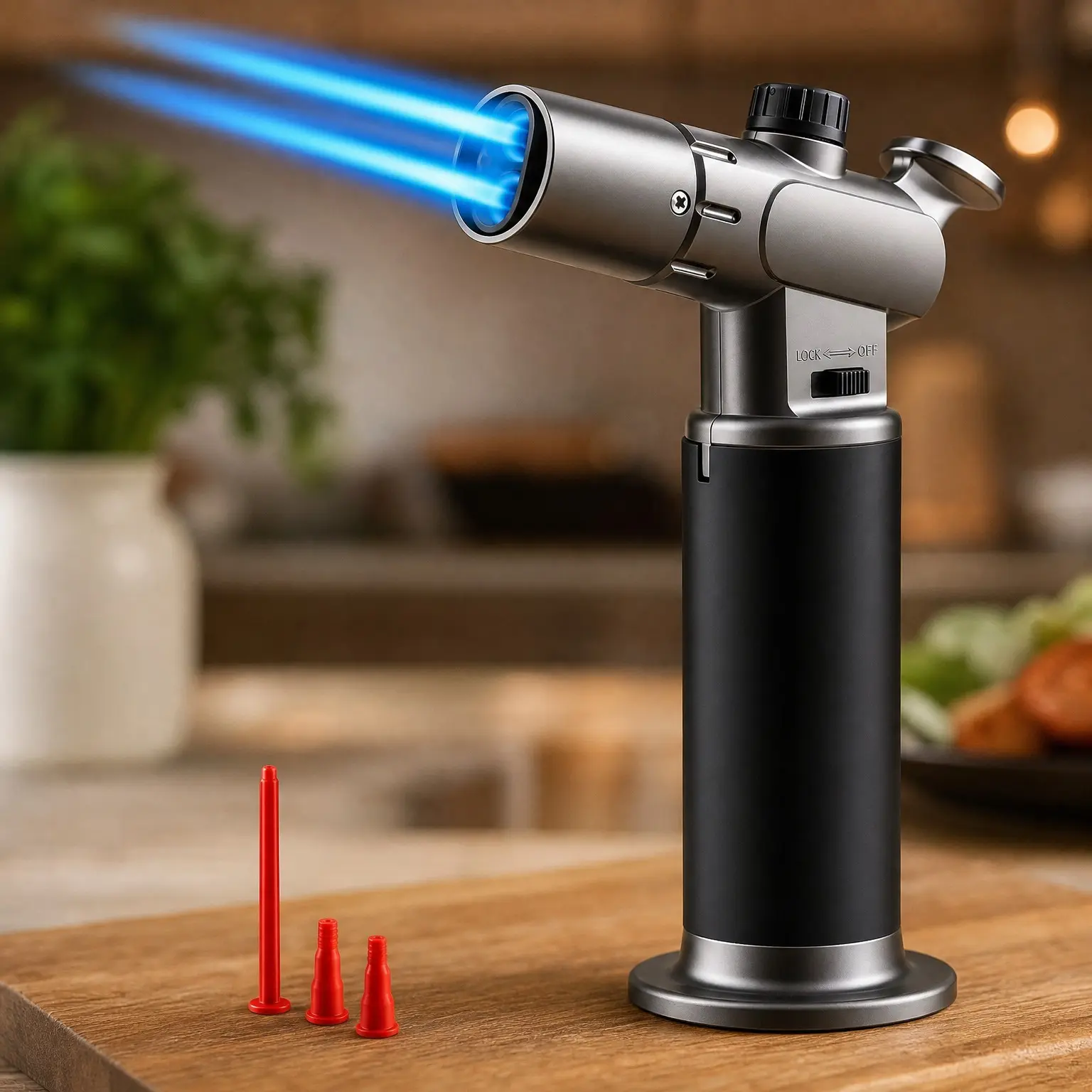 Refillable Butane Torch with Adjustable Single/Dual Flame and Safety Lock, Mini Blow Lighter for Creme Brulee Baking Welding BBQ Crafts DIY Soldering, Butane Not IncludedGift