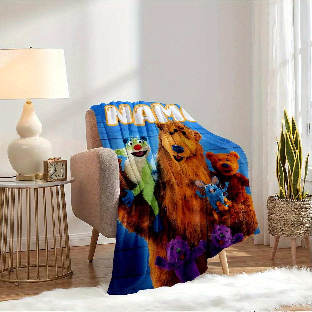 Custom Name Bear in the Big Blue House Plush Fleece Throw Blanket - Fleece Fabric, Multi-Size, Resistant Print, Vibrant Puppet Crew Art, Kids Room Decor, Soft Lightweight Retro Vintage Gift for Retro Kids Show Fans (Birthday, Holiday)